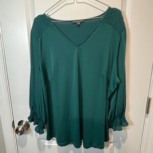 Adrianna Papell Plus Size 1X Emerald Green Smocked V Neck Long Sleeve Top Shirt